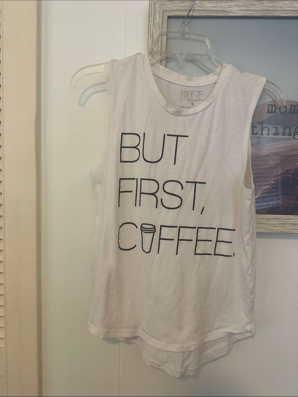 Size Small Freeze White Tank with Black "But First, Coffee" Graphic